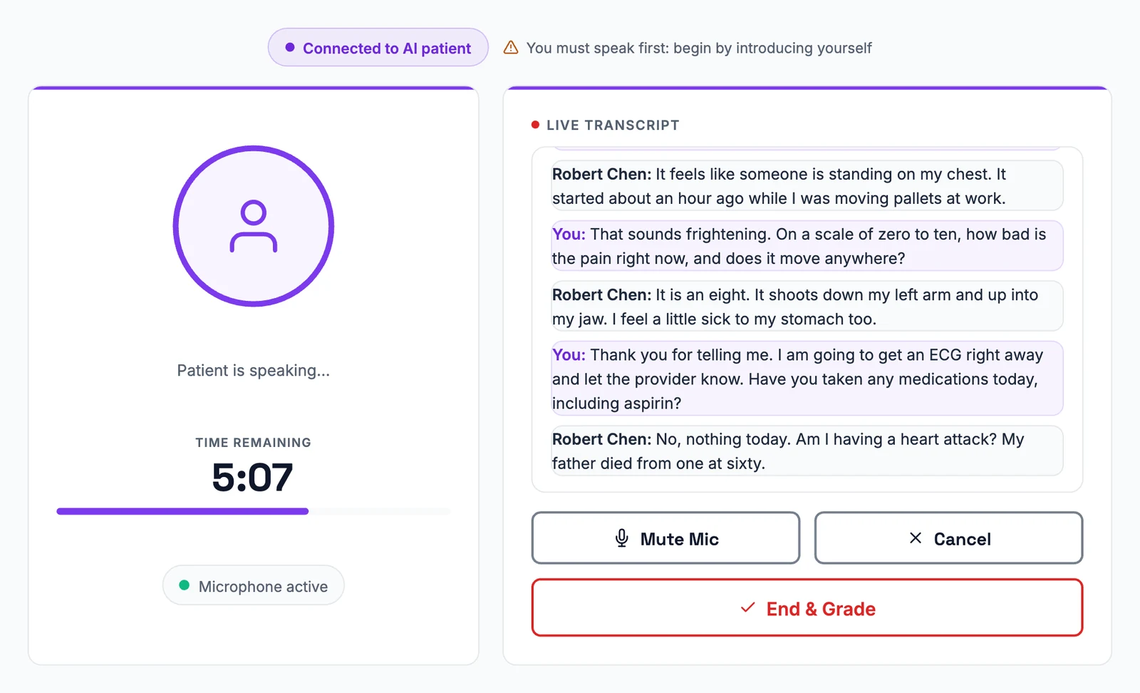 AI simulation active voice session with live transcript and AI patient responses